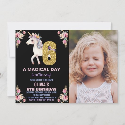 Unicorne florale Invitations d'anniversaire avec p (Devant)