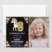 Unicorne florale Invitations d'anniversaire avec p (Devant / Derrière)