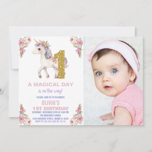 Unicorne florale Invitations d'anniversaire avec p (Devant)