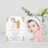 Unicorne florale Invitations d'anniversaire avec p (Debout devant)