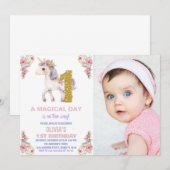 Unicorne florale Invitations d'anniversaire avec p (Devant / Derrière)