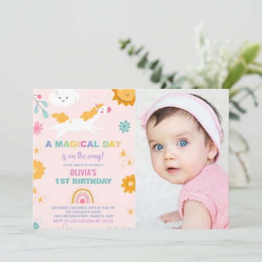 Unicorne florale Invitations d'anniversaire avec p (Debout devant)