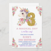 Unicorne florale Invitations d'anniversaire Partie (Devant / Derrière)