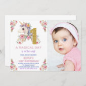 Unicorne florale Invitations d'anniversaire Partie (Devant / Derrière)