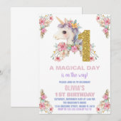 Unicorne florale Invitations d'anniversaire Partie (Devant / Derrière)