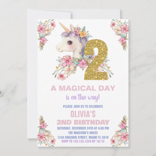Unicorne florale Invitations d'anniversaire Partie (Devant)