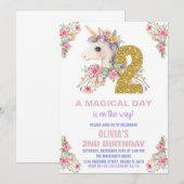 Unicorne florale Invitations d'anniversaire Partie (Devant / Derrière)
