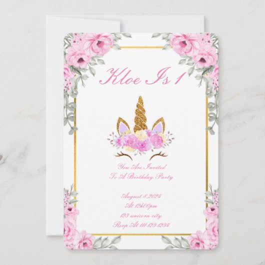 UNICORNE FLORALE ROSE ANNIVERSAIRE INVITATION DU P (Devant)