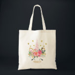 Unicorne florale rose Sac fourre-tout personnalisé<br><div class="desc">Unicorne florale rose Sac fourre-tout personnalisé Ce sac fourre-tout de fille personnalisée présente un mignon visage de licorne et un arrangement floral et faux coeur doré. Il est prêt à être personnalisé et convient comme un sac de bibliothèque pour filles ou pour diverses autres utilisations.</div>