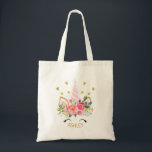 Unicorne florale rose Sac fourre-tout personnalisé<br><div class="desc">Unicorne florale rose Sac fourre-tout personnalisé Ce sac fourre-tout de fille personnalisée présente un mignon visage de licorne et un arrangement floral et faux coeur doré. Il est prêt à être personnalisé et convient comme un sac de bibliothèque pour filles ou pour diverses autres utilisations.</div>