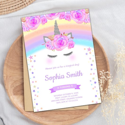Unicorne Florale Violet Invitations Anniversaires