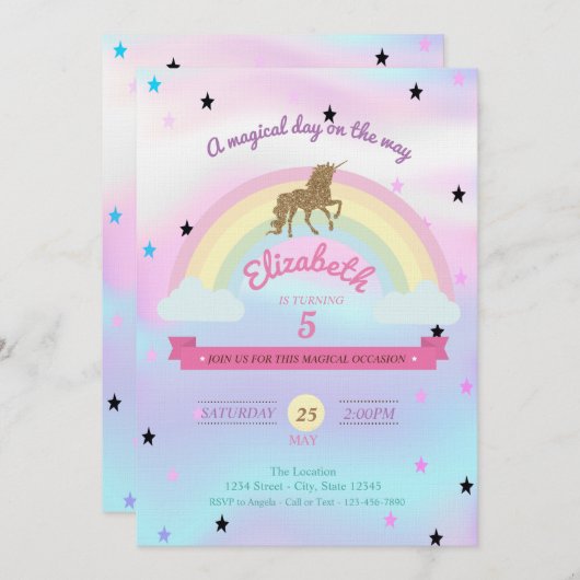 Unicorne Holographique, Invitation Anniversaire Ar (Devant / Derrière)