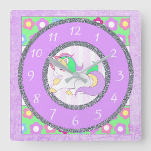 Unicorne Horloge avec des fleurs violettes et vert