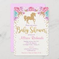 Unicorne invitation baby shower rose et or