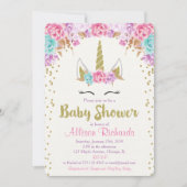 Unicorne invitation baby shower rose et or (Devant)