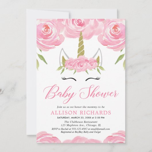 Unicorne invitation de douche pour bébé fille (Devant)