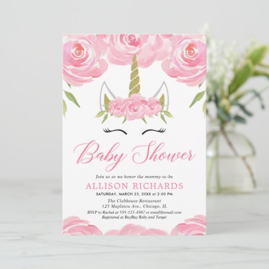 Unicorne invitation de douche pour bébé fille (Debout devant)