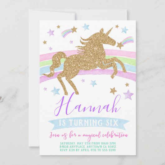 Unicorne invitation or arc-en-ciel fête d'annivers (Devant)