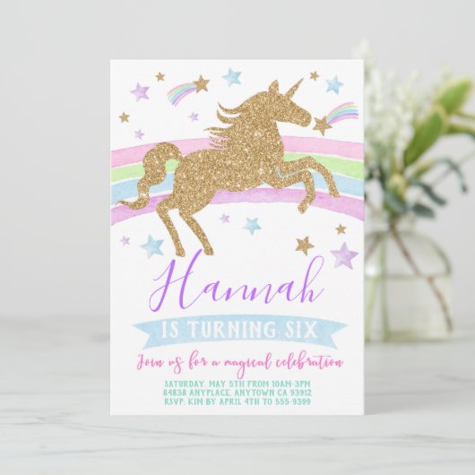 Unicorne invitation or arc-en-ciel fête d'annivers (Debout devant)