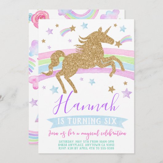 Unicorne invitation or arc-en-ciel fête d'annivers (Devant / Derrière)