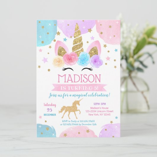 Unicorne Invitations de fête d'anniversaire 1er 2e (Debout devant)