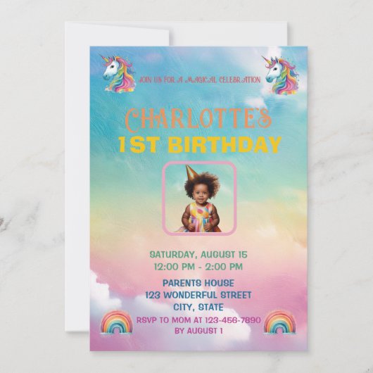 Unicorne magique 1er anniversaire Invitation (Devant)