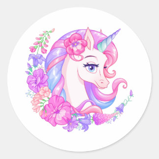 Unicorne mignonne avec Sticker rond classique Fleu