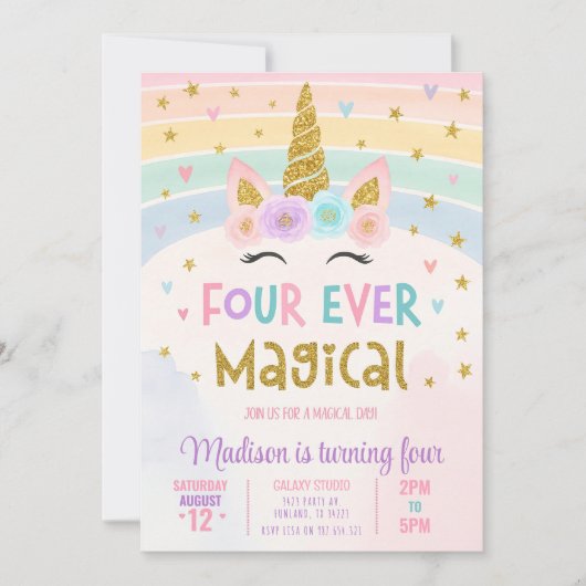 Unicorne modifiable 4e anniversaire Invitation qua (Devant)