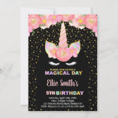 Unicorne noire florale Invitations d'anniversaire (Devant)