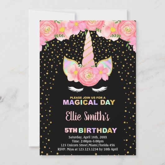 Unicorne noire florale Invitations d'anniversaire (Devant)