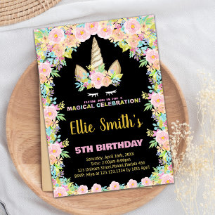Unicorne noire florale Invitations d'anniversaire