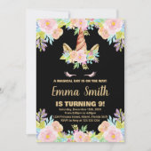 Unicorne noire florale Invitations d'anniversaire (Devant)