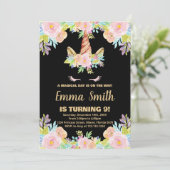 Unicorne noire florale Invitations d'anniversaire (Debout devant)