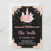 Unicorne noire rose florale Invitations d'annivers (Devant)