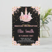 Unicorne noire rose florale Invitations d'annivers (Debout devant)