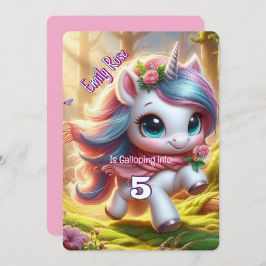 Unicorne personnalisée Invitations d'anniversaire (Devant / Derrière)