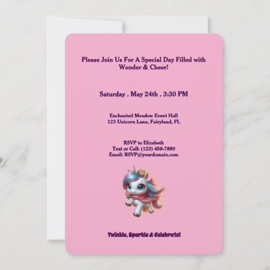Unicorne personnalisée Invitations d'anniversaire (Dos)