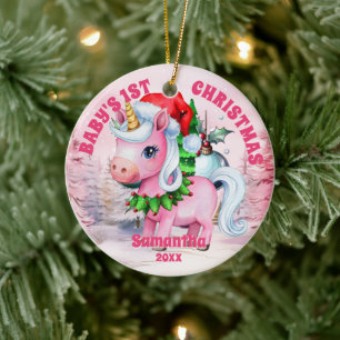 Unicorne rose bébé 1er ornement photo de Noël
