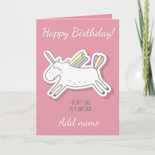 Unicorne, Rose, Carte Anniversaire. (Devant)