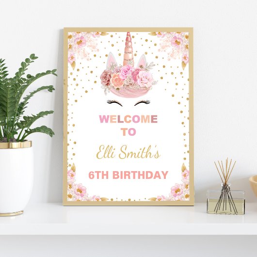 Unicorne rose floral Affiche de bienvenue fête d'a