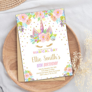 Unicorne rose florale Invitation d'anniversaire