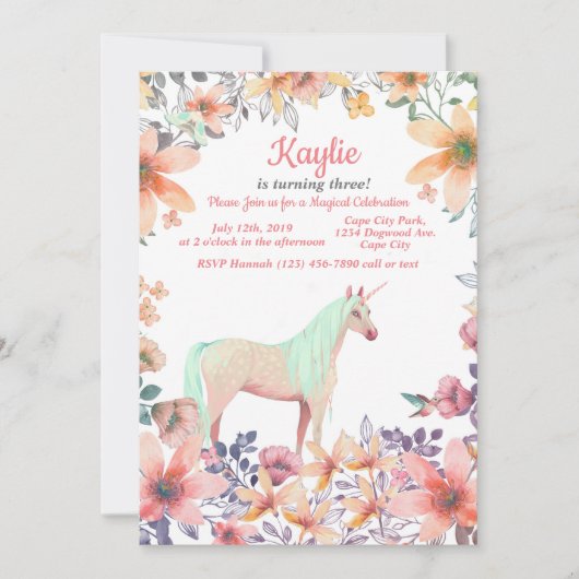 Unicorne rose florale Invitation de fête d'anniver (Devant)