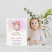 Unicorne rose florale Invitations Anniversaire ave (Debout devant)
