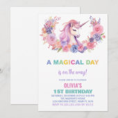 Unicorne rose florale Invitations d'anniversaire (Devant / Derrière)