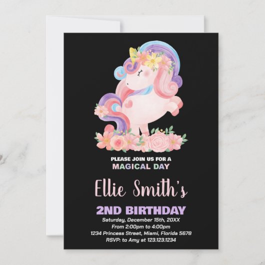 Unicorne rose florale Invitations d'anniversaire (Devant)