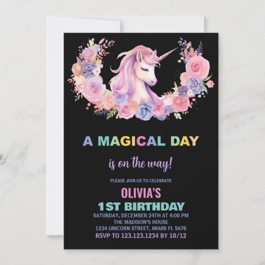 Unicorne rose florale Invitations d'anniversaire (Devant)