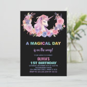 Unicorne rose florale Invitations d'anniversaire (Debout devant)