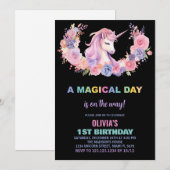 Unicorne rose florale Invitations d'anniversaire (Devant / Derrière)
