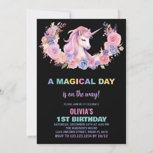 Unicorne rose florale Invitations d'anniversaire