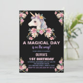 Unicorne rose florale Invitations d'anniversaire (Debout devant)